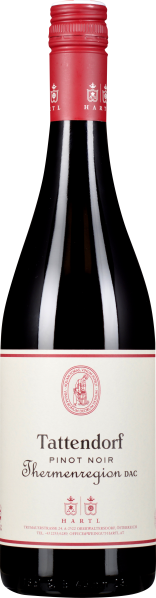 Rotweinflasche mit rotem Schraubverschluss und cremefarbenem Etikett.