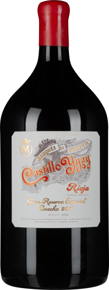 Große, elegante Weinflasche mit rotem Wachs-Verschluss. Auf dem kunstvoll gestalteten Etikett dominieren rote und goldene Schriftzüge.