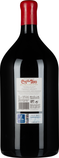 Große Weinflasche mit rotem Verschluss und etikettierter Rückseite.