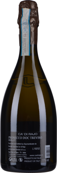 Braune versiegelte Prosecco-Flasche mit elegantem Etikett und blauer Banderole.