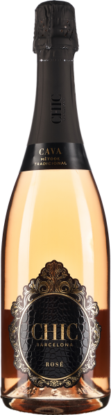 Flasche mit roséfarbenem Schaumwein, elegantes schwarzes Etikett mit verzierten goldenen Details.