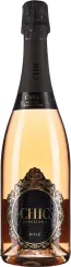 Flasche mit roséfarbenem Schaumwein, elegantes schwarzes Etikett mit verzierten goldenen Details.