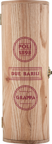 Holzkiste mit Messingverschlüssen und roter Aufschrift.