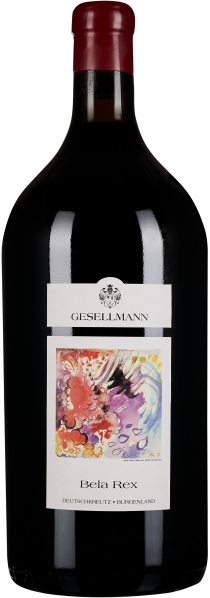 Eine große, dunkle Weinflasche mit rotem Wachssiegel und einem kunstvoll gestalteten Etikett, das lebendige Farben in einer abstrakten Komposition zeigt.