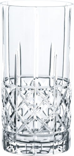 Klarer Kristall-Glasbecher mit geätztem, geometrischem Muster und robustem Boden.