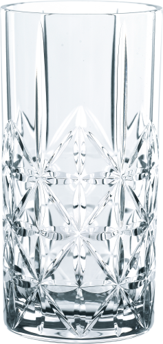 Klarer Kristallglasbecher mit detailliertem, geometrischem Schliffmuster.