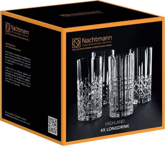 Die Verpackung zeigt ein elegantes Set aus vier Longdrinkgläsern mit reich verziertem Kristallglas. Die Gläser haben ein modernes, facettenreiches Design, das das Licht kunstvoll reflektiert. Die Verpackung hat einen schwarzen Hintergrund mit einem goldfa