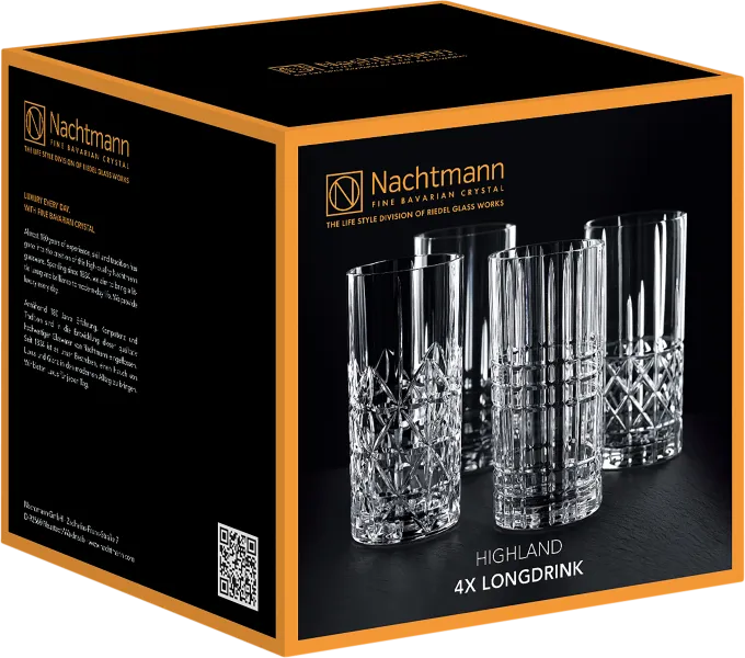 Die Verpackung zeigt ein elegantes Set aus vier Longdrinkgläsern mit reich verziertem Kristallglas. Die Gläser haben ein modernes, facettenreiches Design, das das Licht kunstvoll reflektiert. Die Verpackung hat einen schwarzen Hintergrund mit einem goldfa