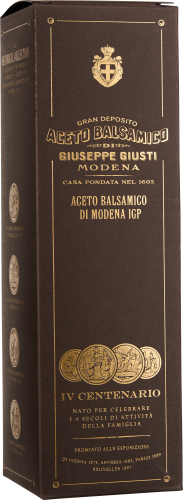 Braune Balsamicoverpackung mit goldener Schrift und Medaillenabbildungen.
