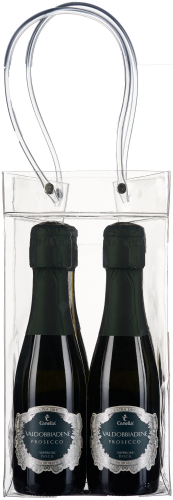 Zwei Prosecco-Flaschen in transparenter Tragetasche mit Kunststoffgriffen.