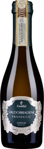 Grüne Prosecco-Flasche mit elegantem, silbernem Etikett und goldener Banderole am Hals.