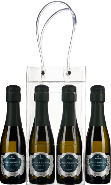 Eine transparente Tragetasche mit vier kleinen Flaschen Prosecco, die dunkelgrüne Etiketten und Verschlüsse haben.