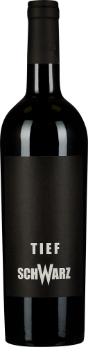 Dunkle Weinflasche mit schlichtem schwarzem Etikett und weißem Schriftzug.