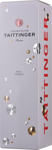 Graue Champagnerverpackung mit roten und goldenen Akzenten und grafischen Elementen.