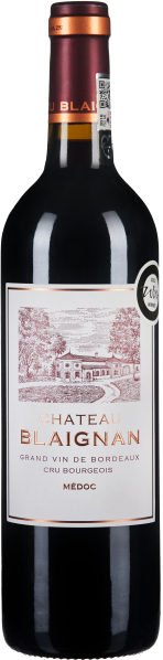 Eine elegante Flasche Rotwein mit dunkelrotem Etikett, verziert mit einem stilisierten Bild eines Herrenhauses und goldenen Schriftzügen. Die Flasche hat einen burgunderfarbenen Hals mit goldenem Rand.