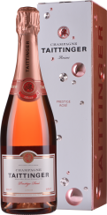 Flasche roséfarbener Champagner neben passender Geschenkbox mit eleganten grafischen Elementen und zartem Glanz.