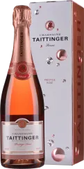 Flasche roséfarbener Champagner neben passender Geschenkbox mit eleganten grafischen Elementen und zartem Glanz.