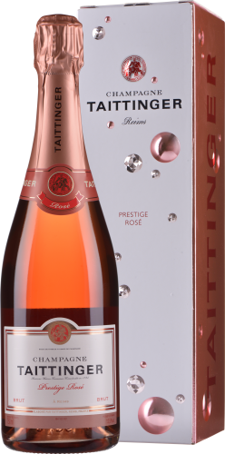 Flasche roséfarbener Champagner neben passender Geschenkbox mit eleganten grafischen Elementen und zartem Glanz.