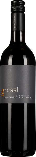 Dunkle Weinflasche mit elegantem, schlichtem Etikett in Grau und orangen Akzenten, schwarze glänzende Kapsel.