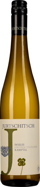 Durchscheinend goldene Weinflasche mit schwarzem Verschluss und dezent gestaltetem Etikett.