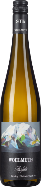 Klarglas-Weinflasche mit buntem geometrischem Etikett und schwarzem Schraubverschluss.