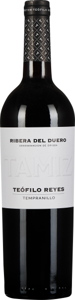 Dunkle Weinflasche mit elegantem weißen Etikett und schwarzem Muster am Hals.