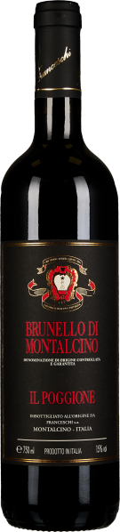 Dunkle Weinflasche mit elegantem Etikett in Schwarz und Rot, darauf ein Wappen.