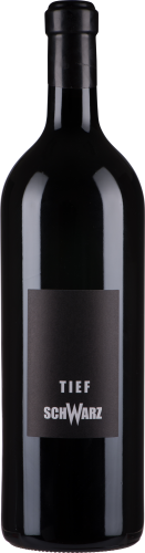 Schlichte, glänzende Weinflasche mit schwarzem Etikett und minimalistischem Design.