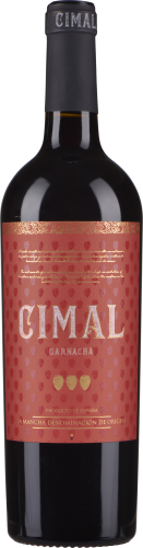 Dunkelglasige Weinflasche mit rotem, dekorativ gemustertem Etikett, das goldene Akzente und weiße Schriftzüge trägt.