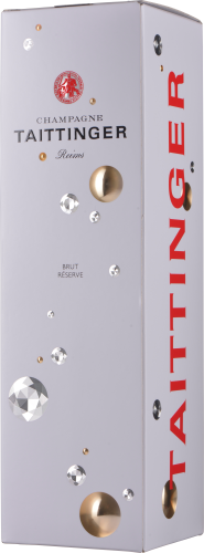 Weiße Schachtel mit goldenen und silbernen Verzierungen, roter Schriftzug.