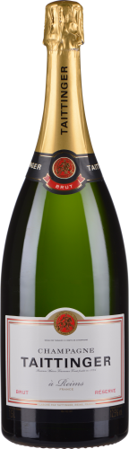 Große Champagnerflasche mit goldener Kapsel und stilvollem Etikett.