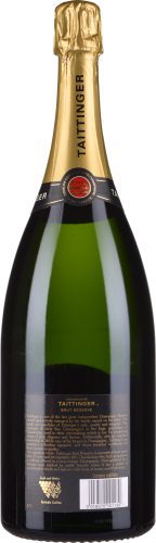 Große, grüne Weinflasche mit goldenem Hals und schwarzer Etikette.