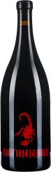 Schwarze Weinflasche mit glänzender Oberfläche, dekoriert mit einem roten Skorpionmotiv auf der Vorderseite.