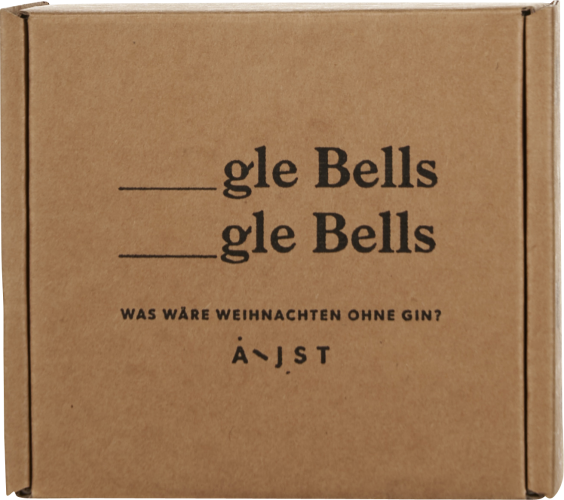 Brauner Karton mit weihnachtlichem Wortspiel in schwarzer Schrift.