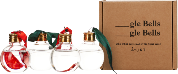 Vier runde Glasfläschchen mit goldenen Schraubverschlüssen, gefüllt mit klarem Getränk. Einige enthalten rote Streifen, und alle haben dekorative Bänder in Rot und Grün. Rechts daneben eine braune Kartonverpackung.