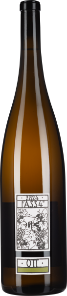 Braune Weinflasche mit einem künstlerisch gestalteten Etikett, das Weinreben und Traubensymbole zeigt, schwarzer Flaschenhals.