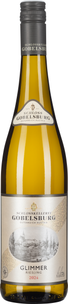 Gelbe Weinflasche mit elegantem silber-grauen Schraubverschluss; cremefarbenes Etikett mit schwarzer Schrift und detailreicher Skizze eines Weinguts.