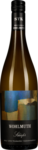 Flasche mit elegantem, schwarzem Etikett und künstlerischem Farbverlauf im oberen Bereich. Dunkler Schraubverschluss mit weißem Text.