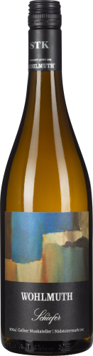 Weinflasche mit elegantem, schlankem Design; Detailreiche Etikett-Kunst im Abstraktstil mit kräftigen Farben.