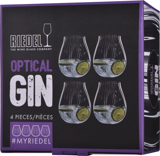 Ein Set aus vier bauchigen Gin-Gläsern mit optischer Struktur, präsentiert in einer dunkel gestalteten Verpackung mit lila Akzenten.