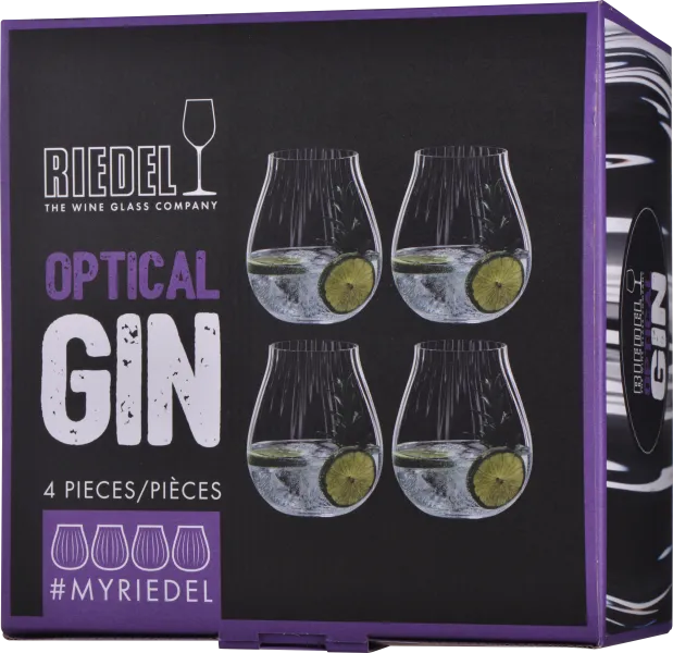 Ein Set aus vier bauchigen Gin-Gläsern mit optischer Struktur, präsentiert in einer dunkel gestalteten Verpackung mit lila Akzenten.