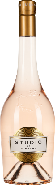 Roséweinflasche mit goldfarbenem Verschluss und elegantem Etikett, das minimalistisch gestaltet ist. Die Flasche hat eine zarte rosa Tönung und eine geschwungene Form.