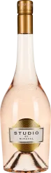 Roséweinflasche mit goldfarbenem Verschluss und elegantem Etikett, das minimalistisch gestaltet ist. Die Flasche hat eine zarte rosa Tönung und eine geschwungene Form.