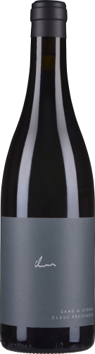 Dunkelgrüne Weinflasche mit mattem, grauem Etikett und schlichtem weißen Schriftzug.