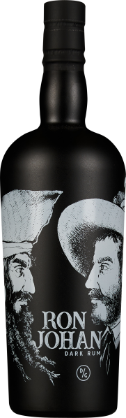 Mattschwarze Flasche mit detailreicher, monochromer Zeichnung von zwei männlichen Profilköpfen, die einander zugewandt sind. Kontrastreiche Darstellung auf der Oberfläche mit subtiler Struktur.