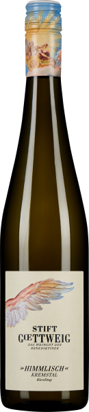 Schlanke Weinflasche mit Schraubverschluss, verziert durch ein kunstvolles, himmlisches Motiv in warmen Farben am oberen Rand. Das Etikett zeigt ein stilisiertes, buntes Flügelmotiv auf cremefarbenem Hintergrund.