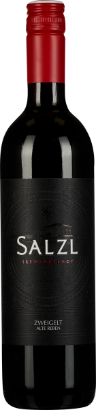 Weinflasche mit elegantem, schwarzem Etikett und rotem Schraubverschluss.