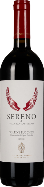 Dunkle Weinflasche mit rotem Schraubverschluss, elegante weiße Etikette mit roten Flügeln und schwarzer Schrift.