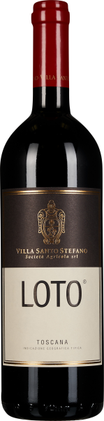 Eine Rotweinflasche mit goldenen Verzierungen auf einem dunklen Etikett, darunter ein kontrastierender weißer Bereich mit schwarzer Schrift. Der Flaschenhals ist mit rotem Wachs versiegelt.