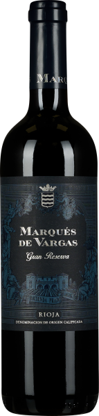 Flasche mit dunkelrotem Wein, elegantes schwarzes Etikett mit silbernen und blauen Akzenten, verziert mit klassischen Illustrationen und einem Wappen.